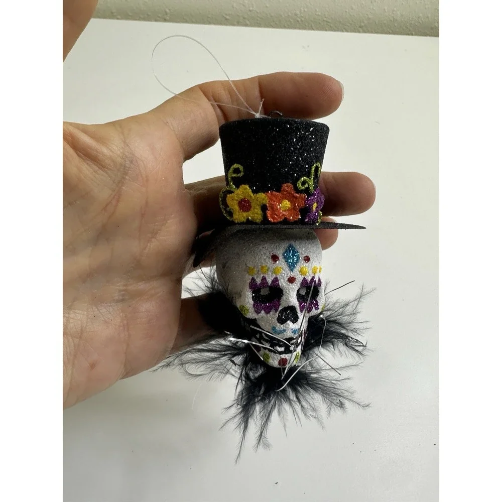 Pier 1 Halloween Ornament Day of Dead Top Hat Witch Hat Glitter Hanging Set 2